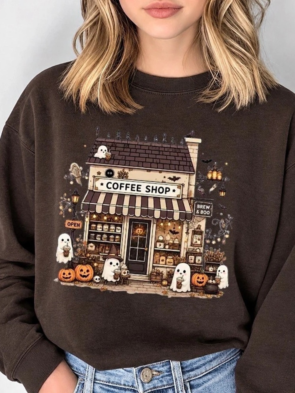 Coffee Shop Graphic Sweatshirt Halloween Fall Autumn Cafe Wear for Coffee Lovers